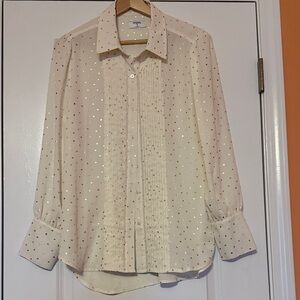 Like New UNTUCKit Cream Button Down Blouse with Gold Dots